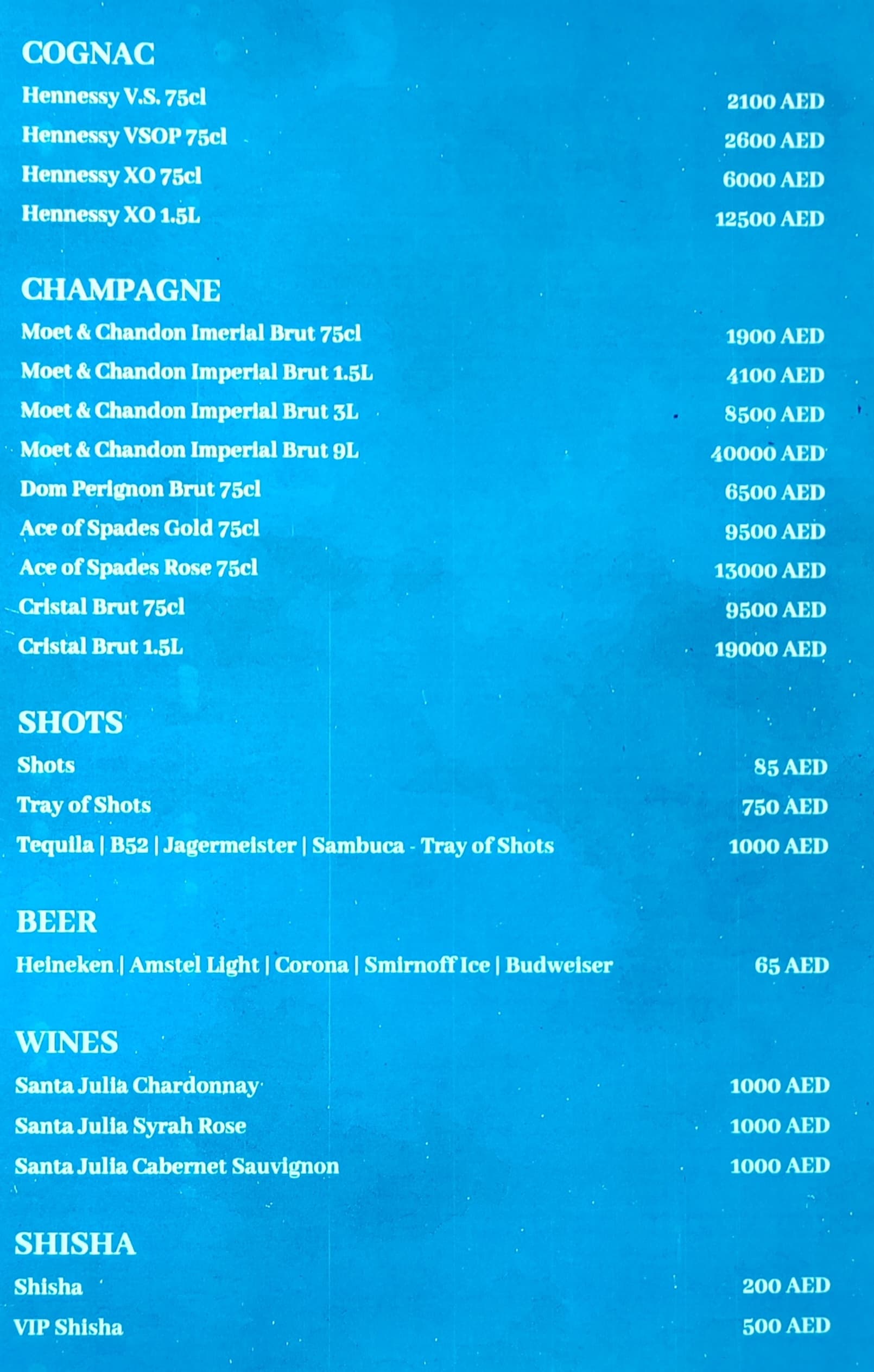 XO Club Dubai menu preview with bottle, champagne, shot, beer, wine, and shisha pricing